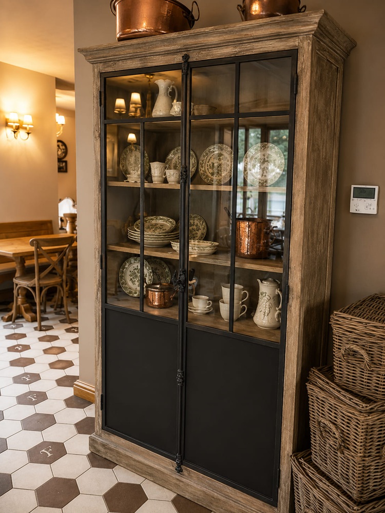 Tall limed-oak display cabinet with black steel-framed glass doors in a bistro dining room