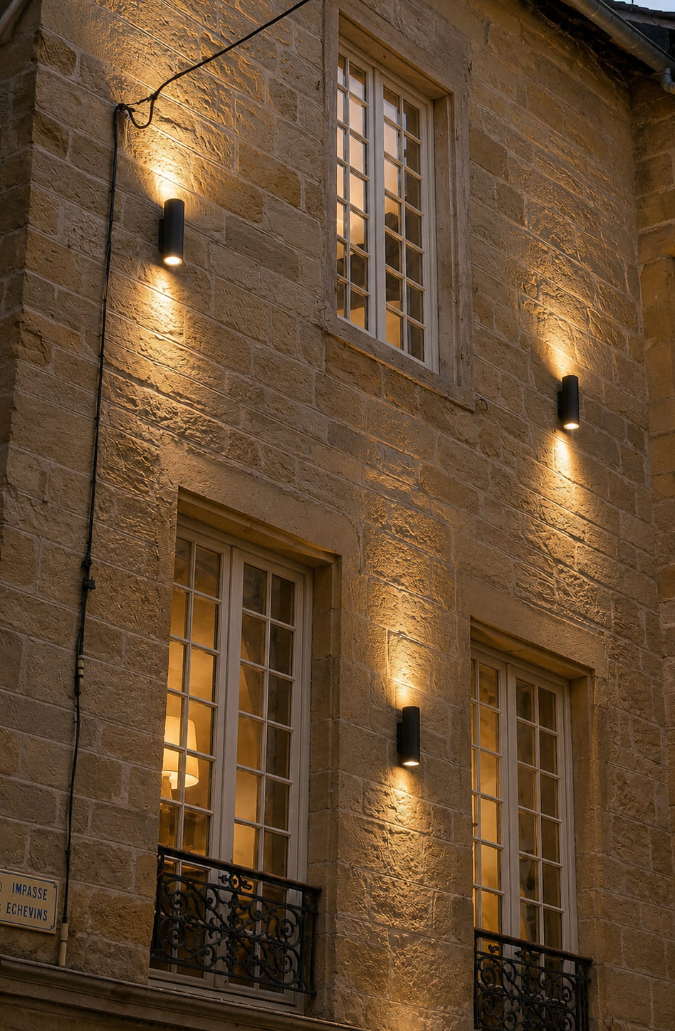 White-painted divided-light wooden windows and balcony doors fitted in a stone facade at dusk