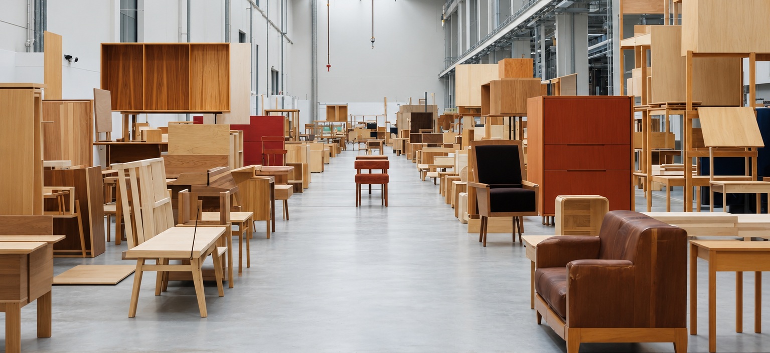 Deco Meuble production hall lined with finished wooden cabinets, chairs and tables