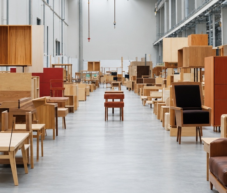 Deco Meuble production hall lined with finished wooden cabinets, chairs, tables and dressers